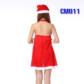 ชุดคริสมาสผ้ากำมะหยี่ ชุดคล้องคอสีแดง  ตกแต่งโบว์หน้าอก มีถุงมือและหมวกเข้าเซต